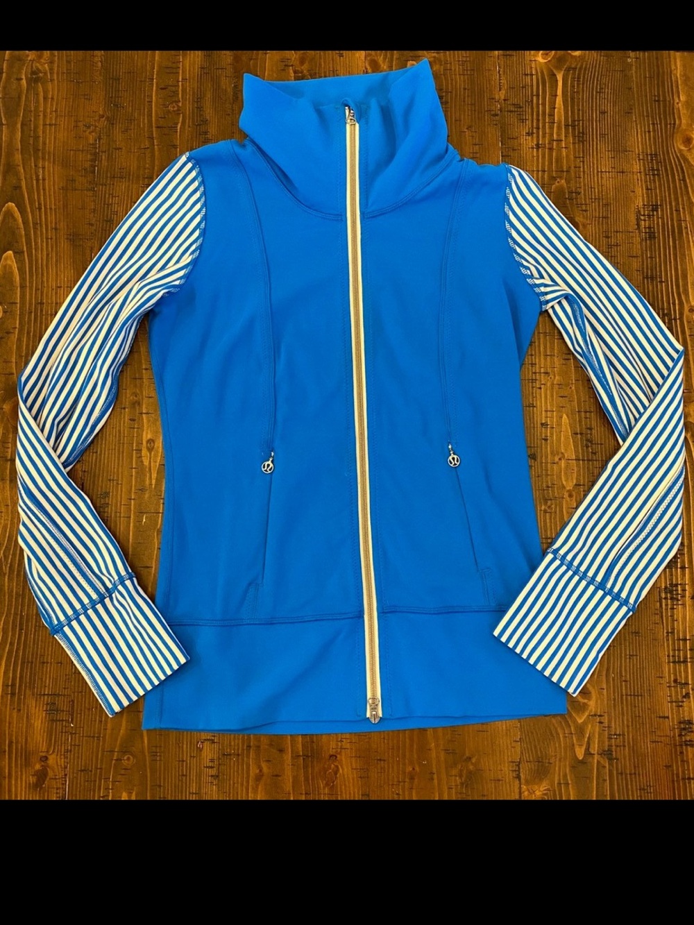 lululemon athletica in stride Bright Blue Zip-Up Bomber with Striped Sleeves
